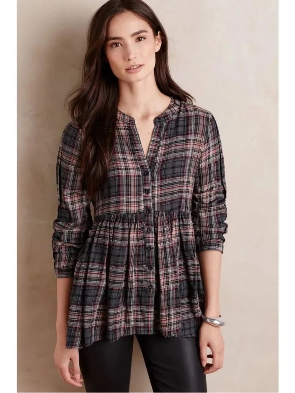 Anthropologie Black and Pink Plaid Peplum Button-Front Tunic